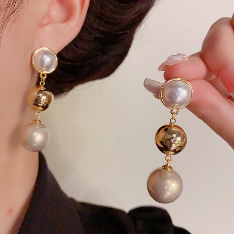 Elegant Pearl & Metal Sphere Tassel Drop Earrings – Geometric Design