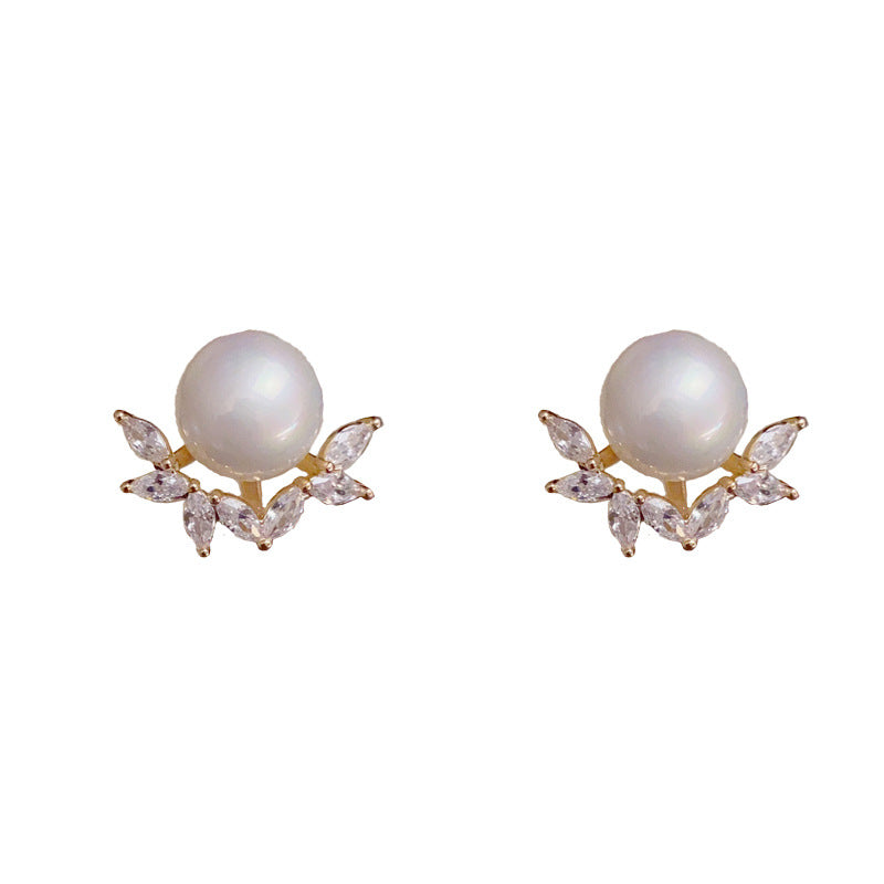 14K Gold-Plated Zircon Leaf Pearl Stud Earrings - Elegant Design