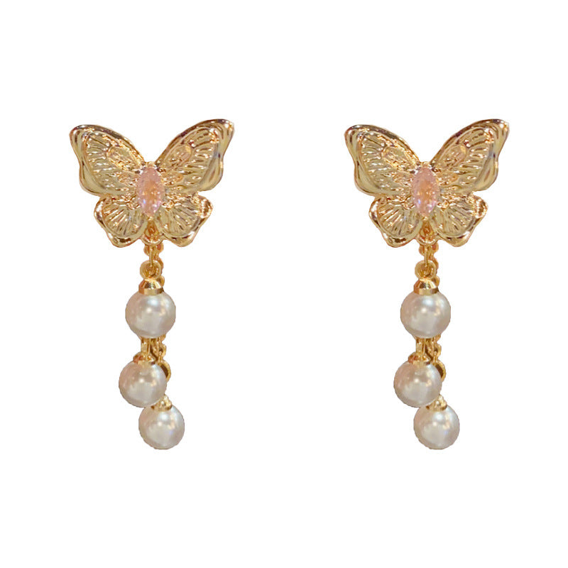 Butterfly Chain & Pearl Front-Back Drop Earrings – Elegant Design