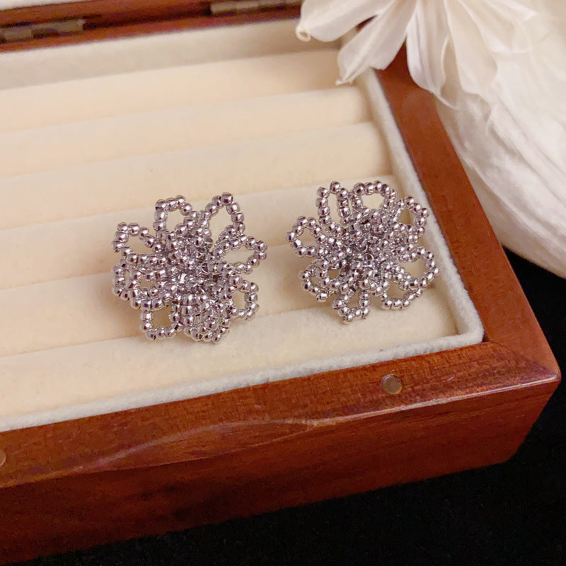 Luxury Beaded Openwork Petal Stud Earrings – Elegant Floral Design