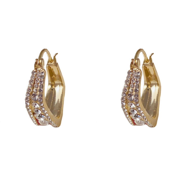 Elegant Full-Zircon Red Double-Sided Hoop Earrings – Geometric Design