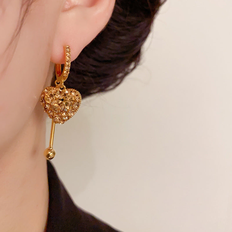 14K Gold Coffee Full Zircon Heart Tassel Earrings-Chic Elegance Design