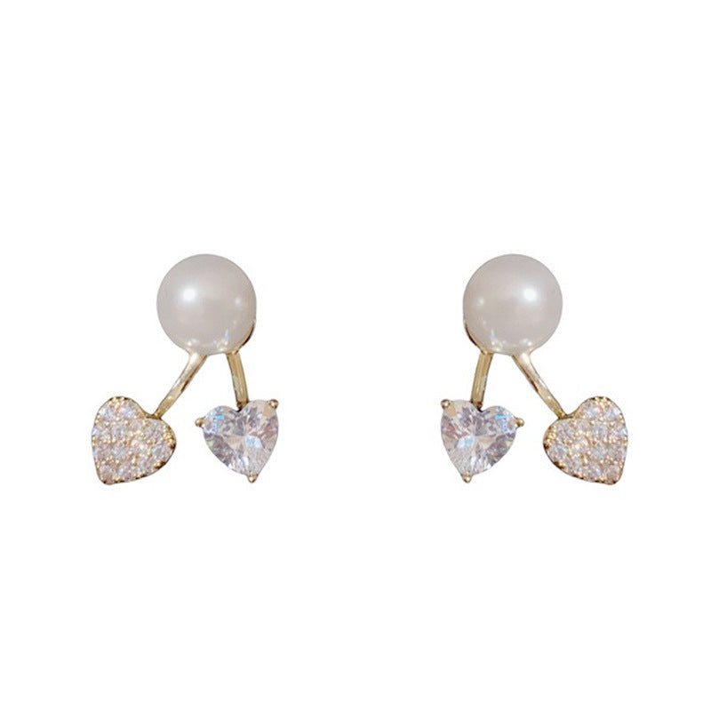 14K Gold-Plated Zircon Pearl Heart Stud Earrings - Elegant Chic Design