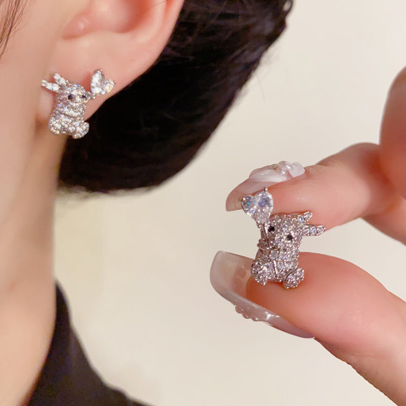 Luxury Zircon Rabbit & Heart Stud Earrings – Animal-Inspired Design
