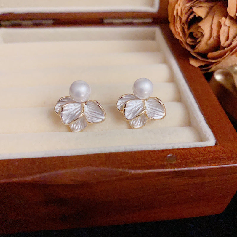 Elegant White Enamel Petal & Pearl Stud Earrings – S925 Silver Needle