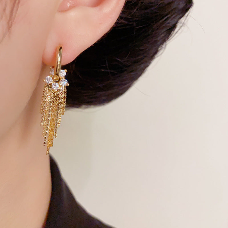 Luxury Zircon Petal & Metal Tassel Earrings – Silver Needle Geometric