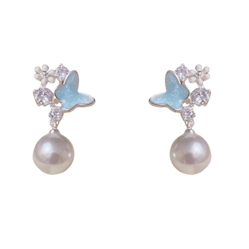 Silver Blue Enamel Butterfly & Pearl Drop Earrings – Elegant Design