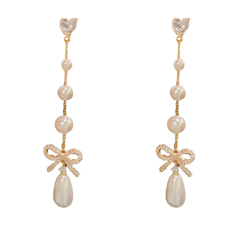 Eaioncol Bow Pearl Tassel CZ Drop Earrings Gold Silver