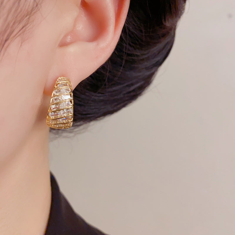 Gold C-Shape Zircon Hoop Earrings – 925 Silver Post for Sensitive Ears