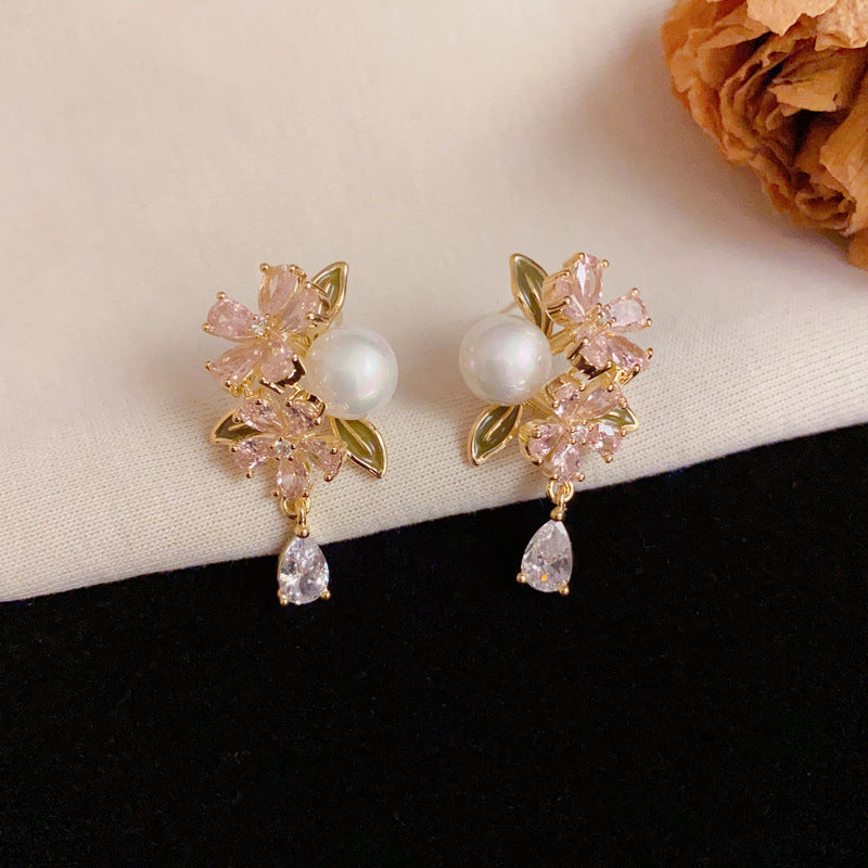 Elegant Pink Flower Waterdrop Gold Earrings – Silver Needle Design