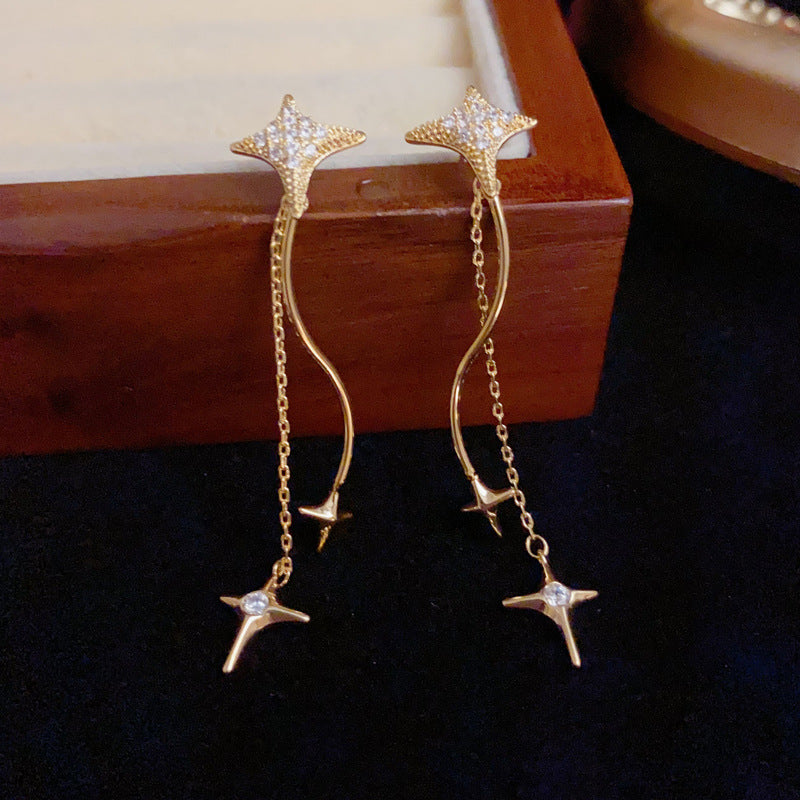 Luxury Full-Zircon Star Long Tassel Drop Earrings – S925 Silver Needle