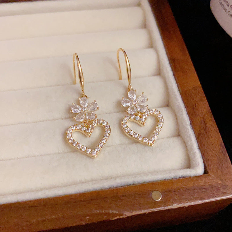 14K Gold Luxury Zircon Flower & Heart Drop Earrings – Elegant Design