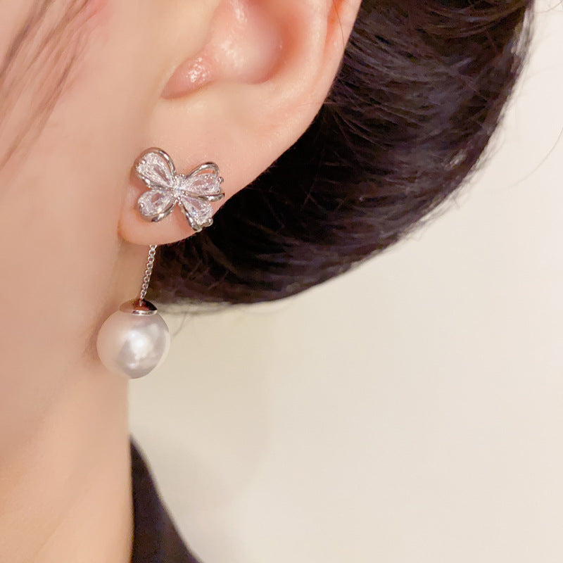 Luxury Zircon Bow & Two-Way Pearl Drop Earrings – Silver Needle Design