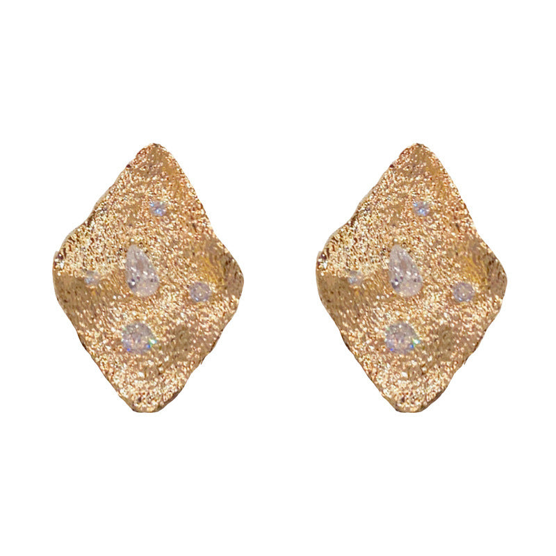 Gold Rhombus Earrings – Geometric Zircon Studs for Women