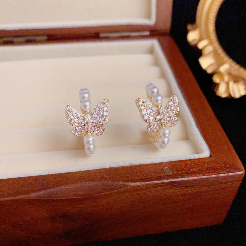 Luxury Zircon Butterfly & Pearl C-Shaped Hoop Earrings– Elegant Design