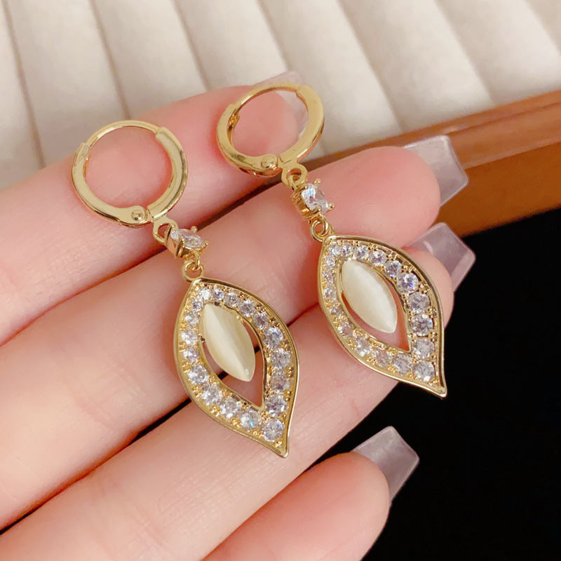 Eaioncol Leaf Tassel CZ Huggie Earrings Gold