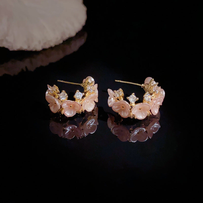 14K Gold-Plated Zircon Floral C-Shaped Hoop Earrings – Sweet Design