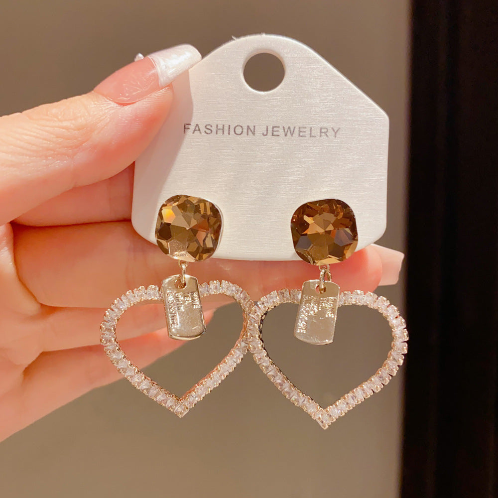 Eaioncol Square Heart CZ Drop Earrings Coffee Gold