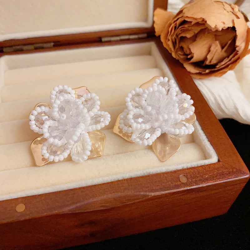 Luxury Beaded Crystal & Petal Stud Flower Earrings – Elegant Design