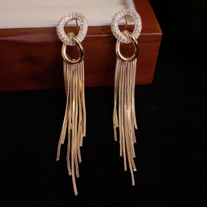 14K Gold-Plated Zircon Hoop Tassel Drop Earrings - Elegant Statement