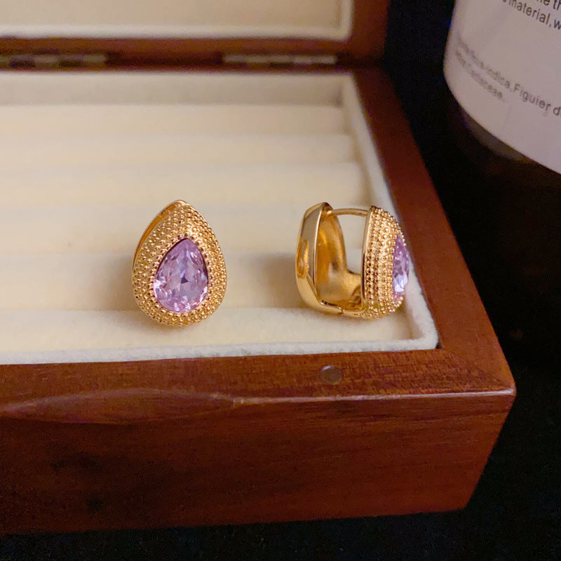 14K Gold-Plated Purple Zircon Waterdrop Hoop Earrings – Elegant Glow