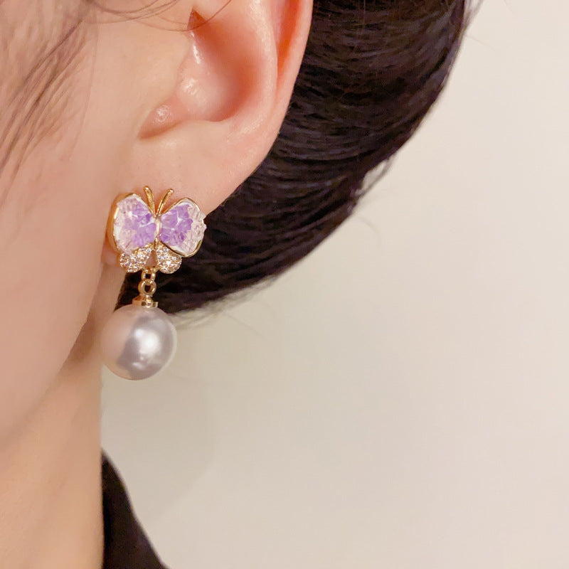 14K Gold Amethyst Butterfly Pearl Drop Earrings – Elegant Chic Design