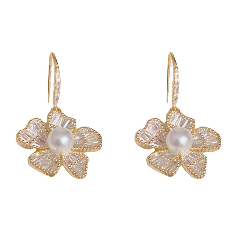 14K Gold Zircon Flower Pearl Hook Earrings – Elegant French Style