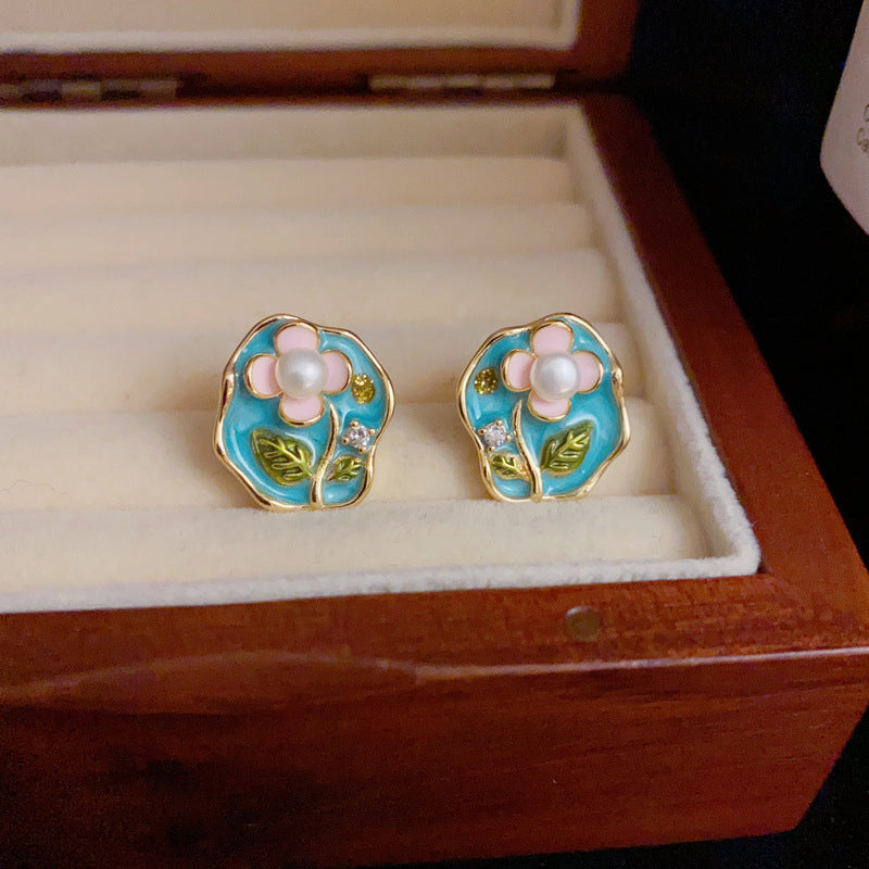 French-Style Enamel 3D Flower Drop Earrings – S925 Silver Needle