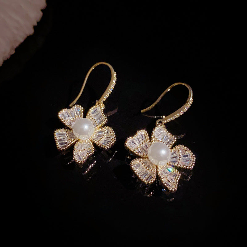 14K Gold Zircon Flower Pearl Hook Earrings – Elegant French Style