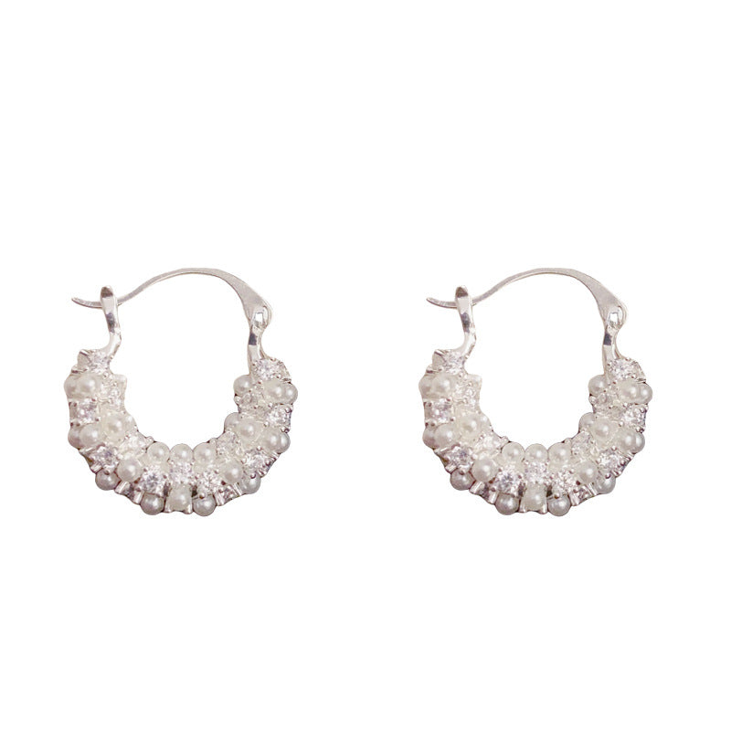 Elegant Full-Zircon Pearl U-Shaped Earrings – Silver Needle Geometric