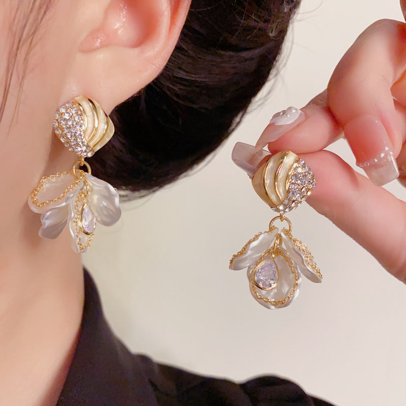 Luxury Zircon Diamond & White Petal Drop Gold Earrings – Floral Design