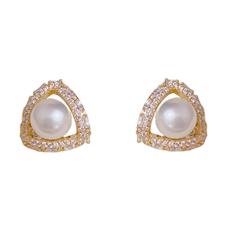 14K Gold Zircon Triangle Pearl Stud Earrings – Minimalist Chic Design