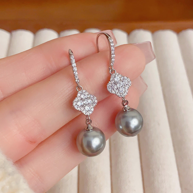 Elegant Zircon Four-Leaf Flower Gray Pearl Ear Hooks – French Design