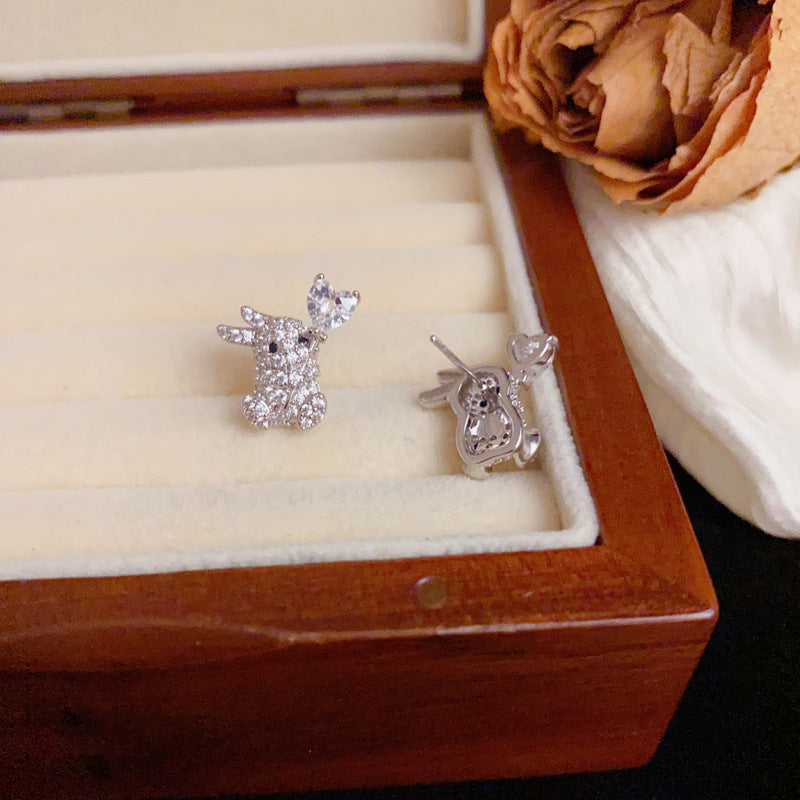 Luxury Zircon Rabbit & Heart Stud Earrings – Animal-Inspired Design