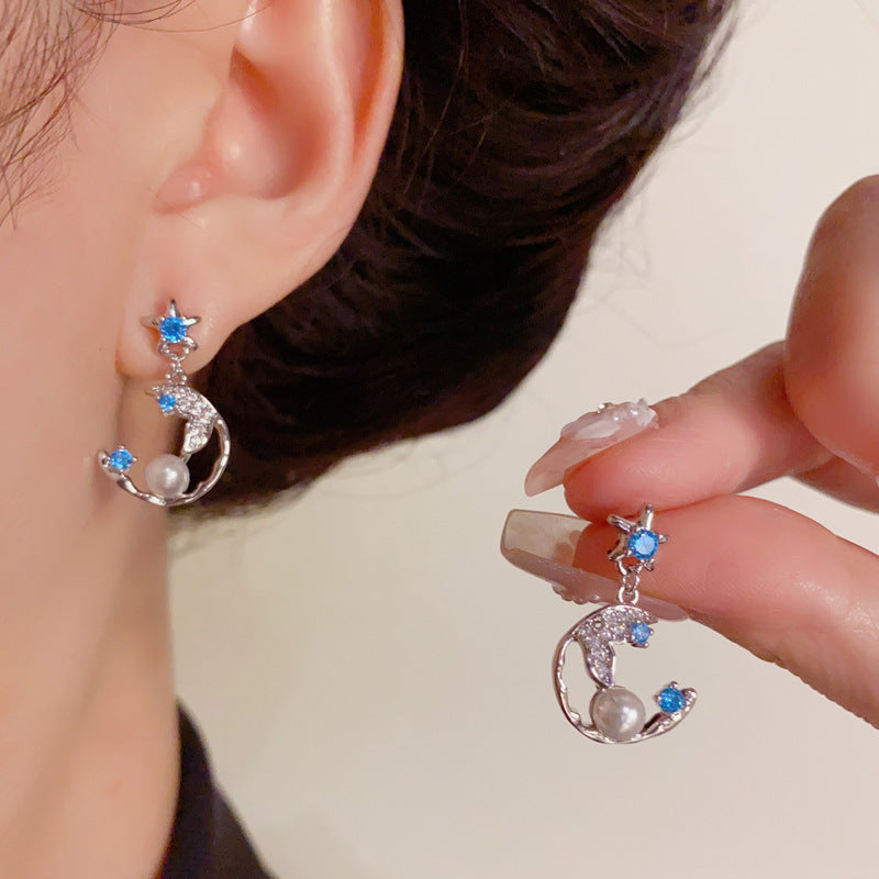 Luxury Zircon Star & Moon Pearl Drop Earrings – Elegant Design