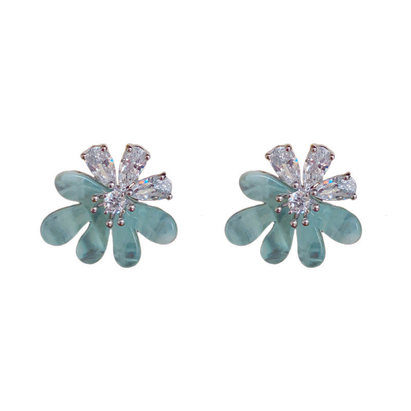 Luxury Zircon Green Petal Stud Sliver Earrings – Elegant Flower Design