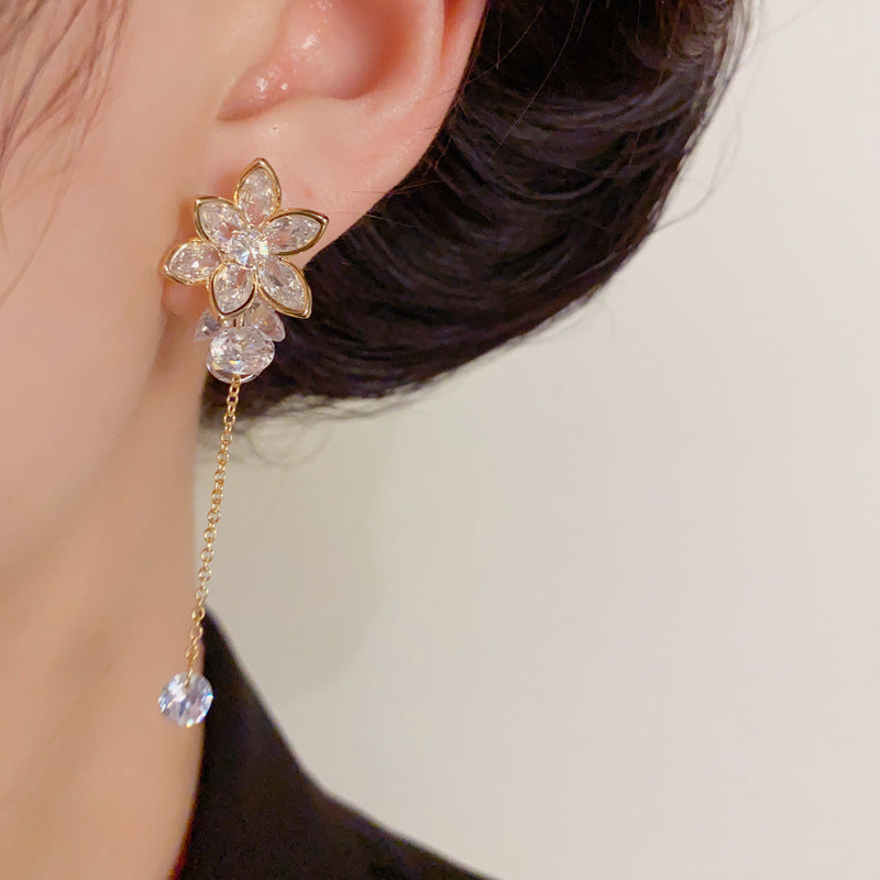 Luxury Zircon Petal Long Tassel Drop Earrings – Elegant Floral Design