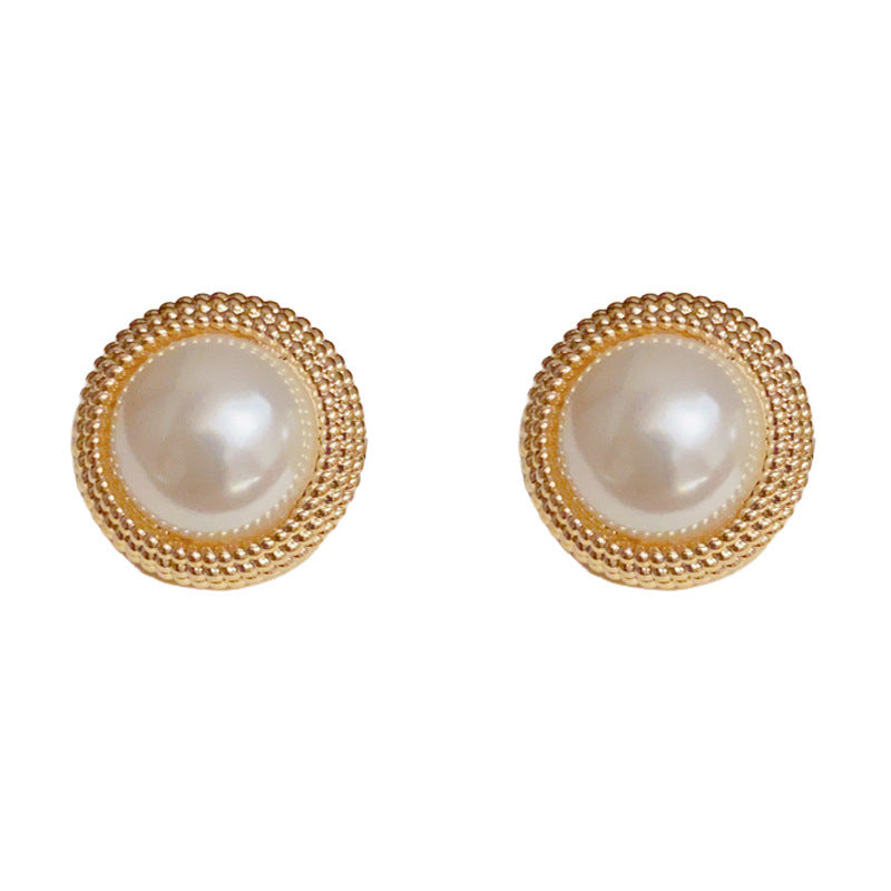 14K Gold Elegant Metal-Wrapped Pearl Stud Earrings – Geometric Design