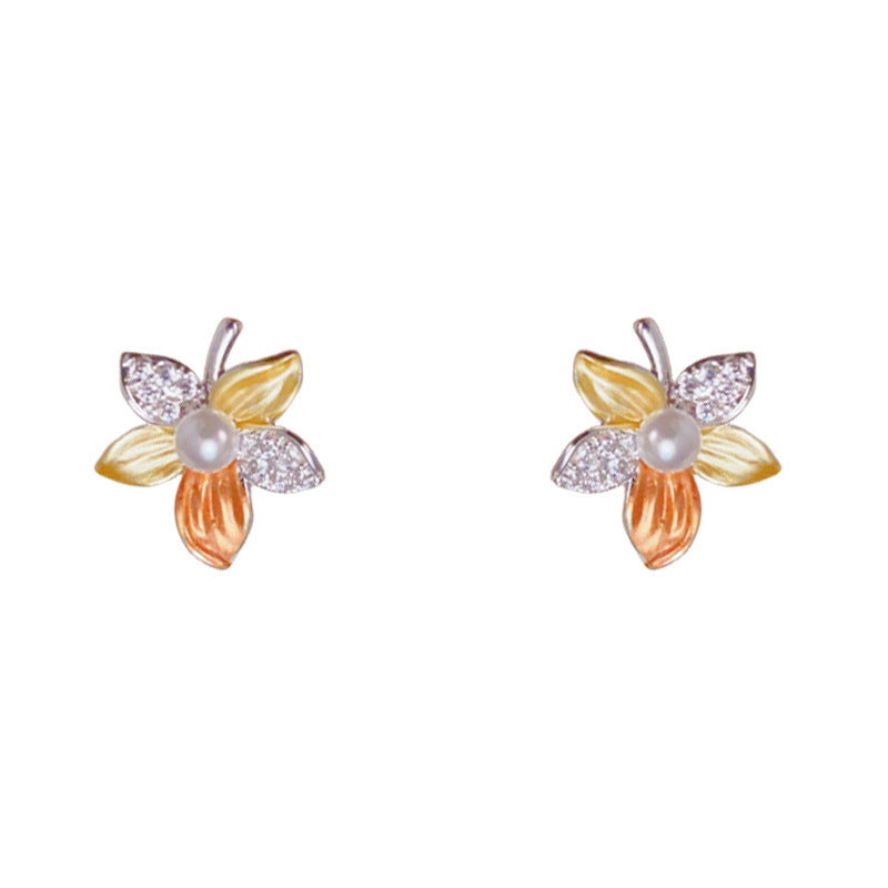 Elegant Zircon Colorblock Maple Leaf Stud Earrings – Floral Design