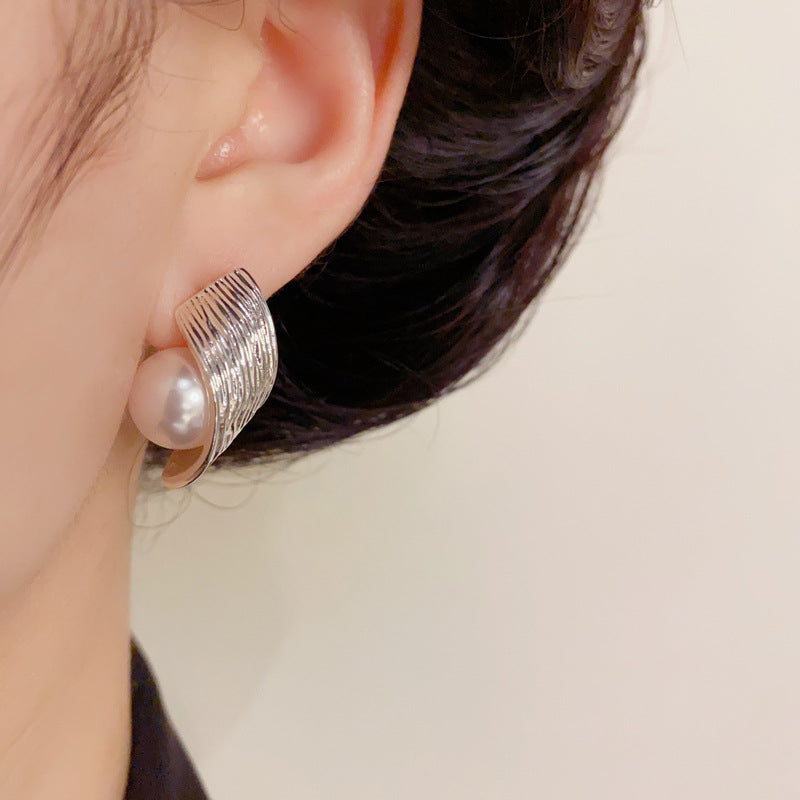 14K Gold Pearl Wrapped Hoop Stud Earrings – Elegant Minimalist Design