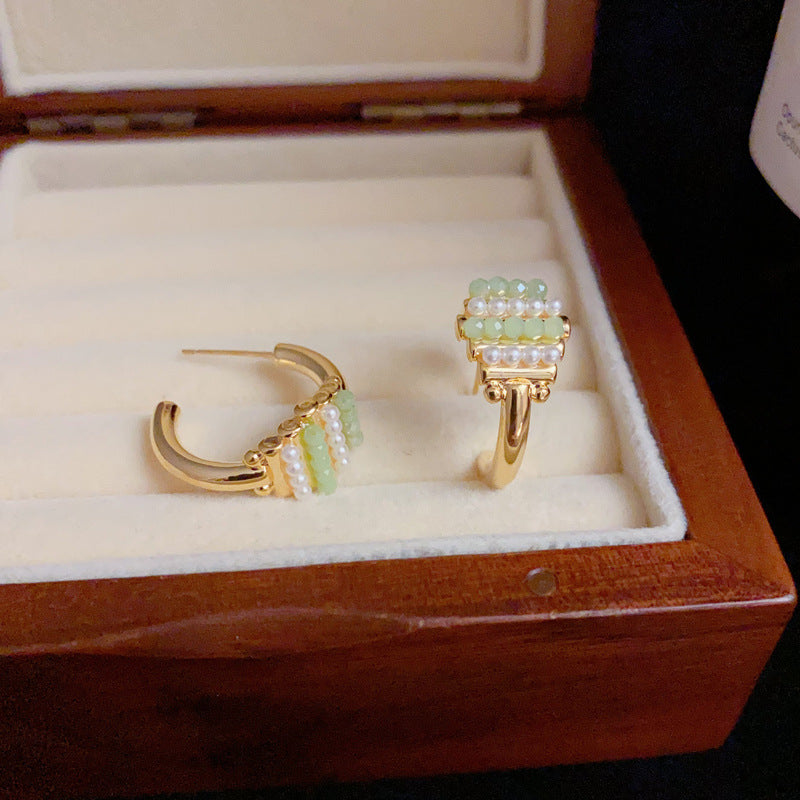 14K Gold Green Bead & Pearl C-Shaped Hoop Earrings – Statement Jewelry
