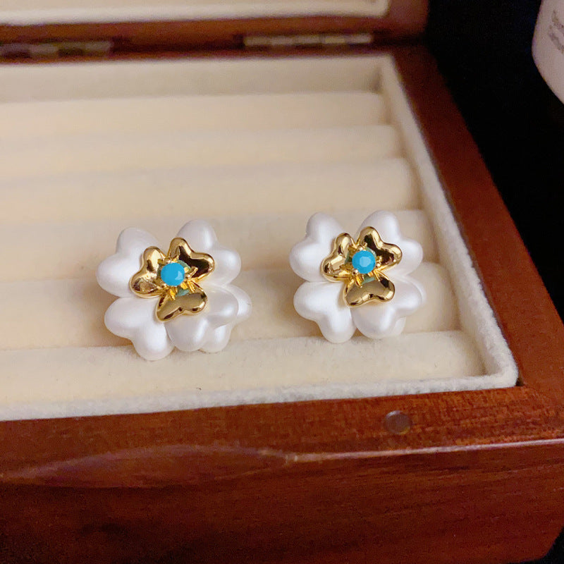 14K Gold-Plated White Flower Stud Earrings – Sweet & Minimalist Design