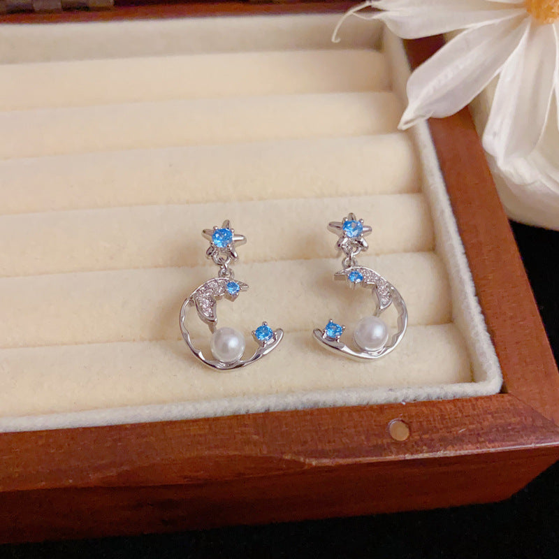 Luxury Zircon Star & Moon Pearl Drop Earrings – Elegant Design