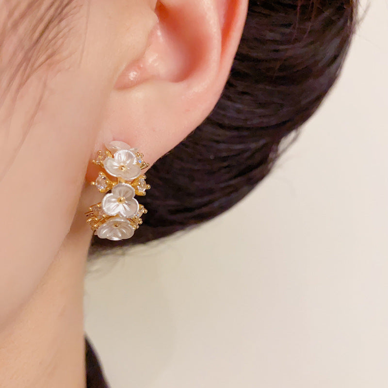 14K Gold-Plated Zircon Floral C-Shaped Hoop Earrings – Sweet Design