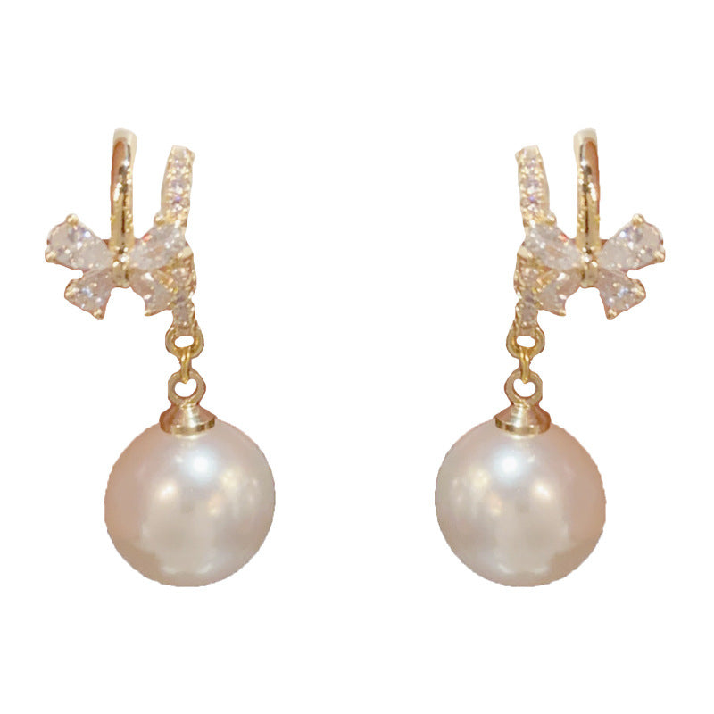 14K Gold-Plated Zircon Butterfly Pearl Tassel Earrings –Elegant Design