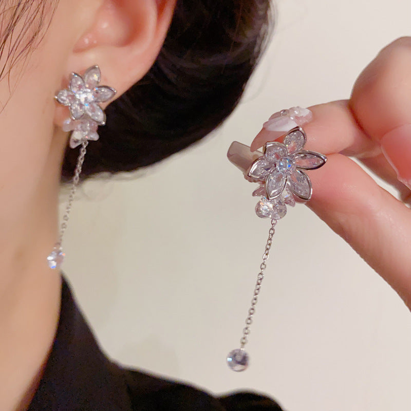 Luxury Zircon Petal Long Tassel Drop Earrings – Elegant Floral Design