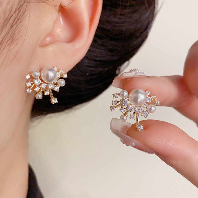 14K Gold-Plated Zircon Firework Pearl Stud Earrings – Elegant Design