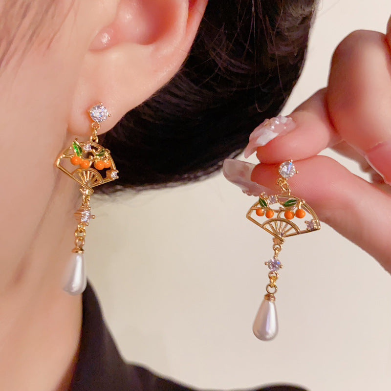 Enamel Persimmon Fan Teardrop Pearl Drop Earrings – Elegant Design