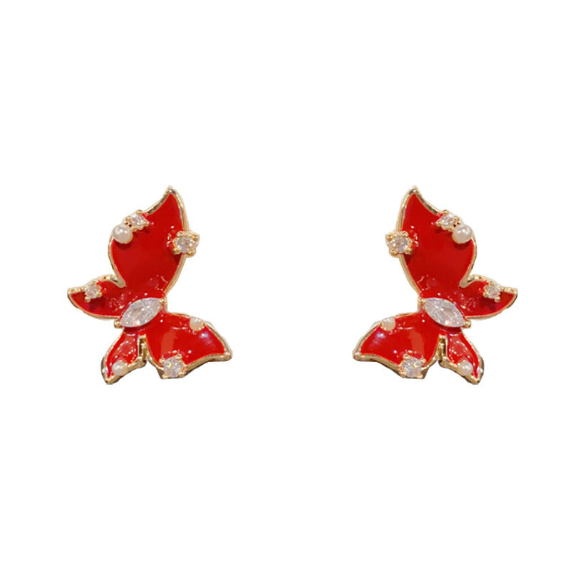 Luxury Red Rhinestone Butterfly Stud Earrings – Elegant Design