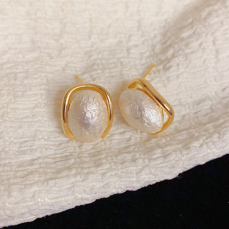 Elegant Cotton Ball Oval Stud Earrings – French Gentle Design